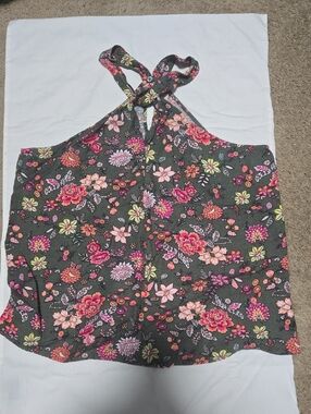 LOFT Olive Green Floral Halter Tank with Pink Accents